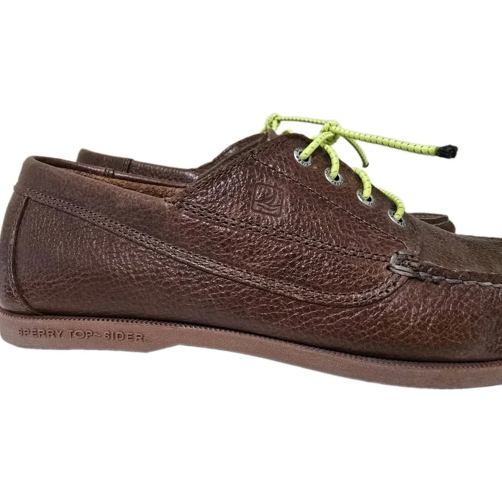 Sperry Mens Ranger Mocs Size‎ 12 Dark Brown Tumbled Leather Lime Green Laces